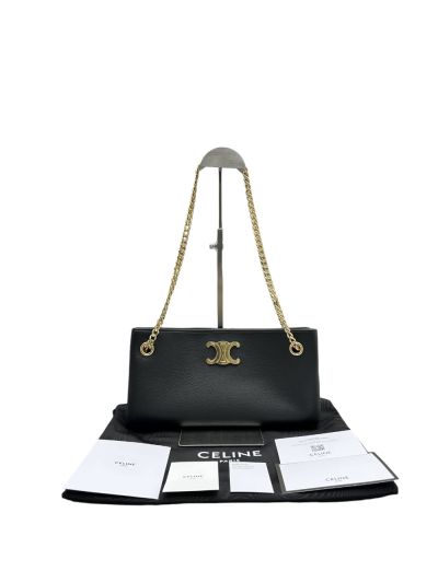 Celine Medium Newspaper Chain Shoulder Bag Black Supple Calfskin 114253 