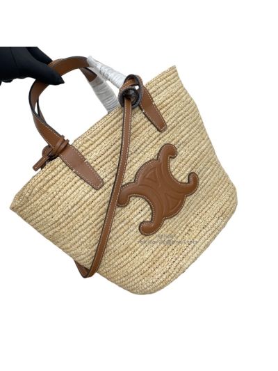 Celine Medium Supple Panier Raffia and Brown Calfskin Bucket Shoulder Bag 115802 