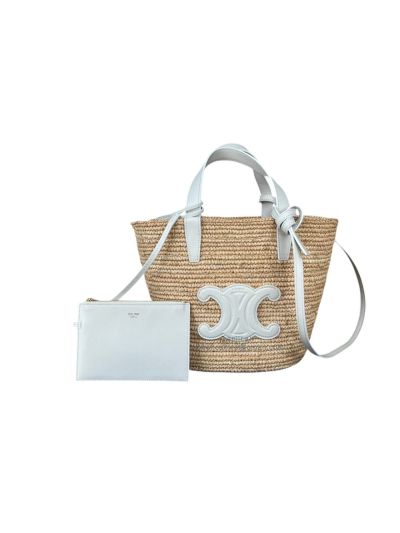 Celine Medium Supple Panier Raffia and White Calfskin Bucket Shoulder Bag 115802 