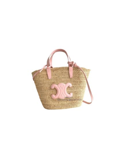 Celine Medium Supple Panier Raffia and Pink Calfskin Bucket Shoulder Bag 115802 