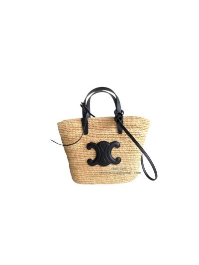 Celine Medium Supple Panier Raffia and Black Calfskin Bucket Shoulder Bag 115802 