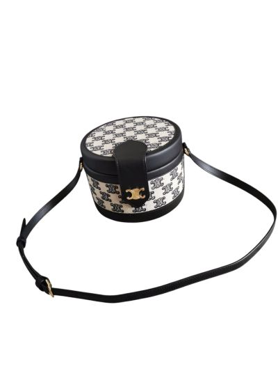 Celine Medium Tambour Shoulder Crossbody Bag Black White Triomphe Canvas and Calfskin 195192 