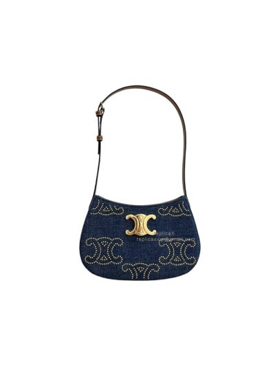 Celine medium tilly shoulder bag blue denim with triomphe studs and calfskin 115702 