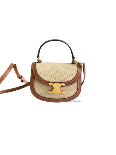 Celine Mini Besace Triomphe Canvas Shoulder Crossbody Bag Tan Leather and Beige Canvas 10L063 