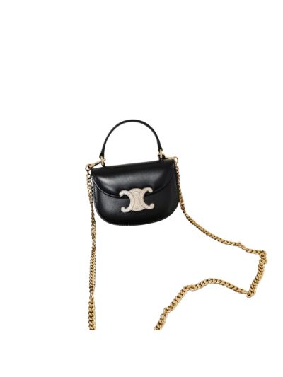 Celine Mini Besace Triomphe Chain Shoulder Crossbody Bag Black Shiny Calfskin 10L613 