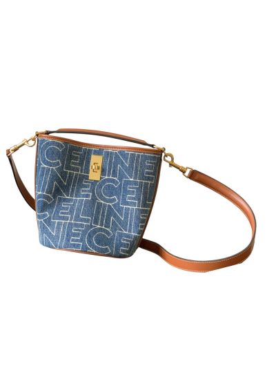 Celine Mini Bucket 16 Shoulder Crossbody Bag with Celine All Over Print Blue Denim 195573 