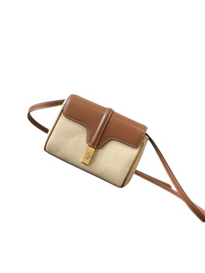 Celine Mini Soft 16 Shoulder Crossbody Bag Tan Brown Calfskin Leather and Canvas 10L353