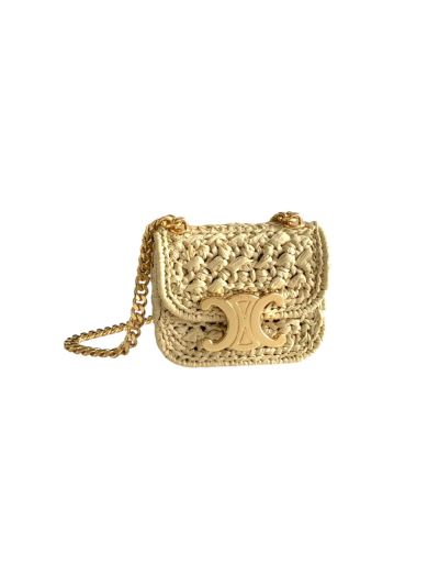 Celine Mini Triomphe Chain Shoulder Bag Raffia Natural 10513 