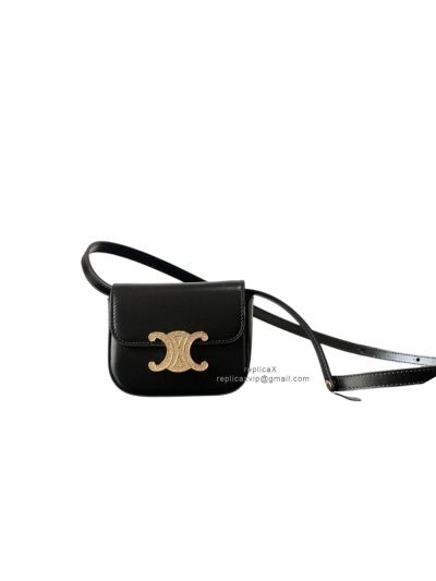 Celine Mini Triomphe Shoulder Crossbody Bag Black Shiny Calfskin 10I513 
