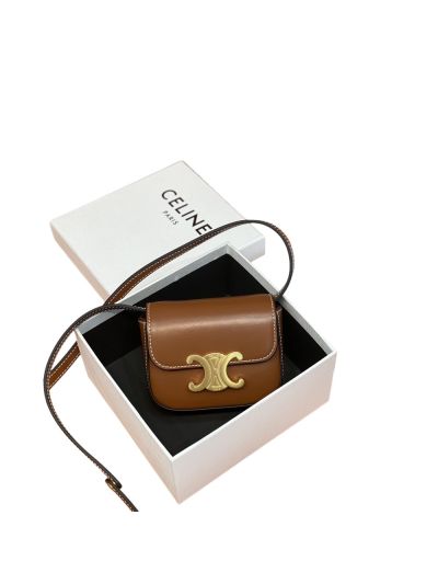 Celine Mini Triomphe Shoulder Crossbody Bag Brown Shiny Calfskin 10I513 