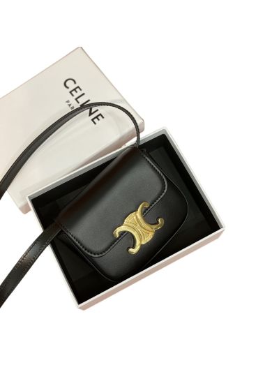Celine Mini Triomphe Shoulder Crossbody Bags Black Shiny Calfskin 10I513 
