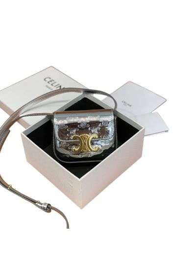 Celine Mini Triomphe Shoulder Crossbody Bag Silver Shiny Calfskin 10I513 