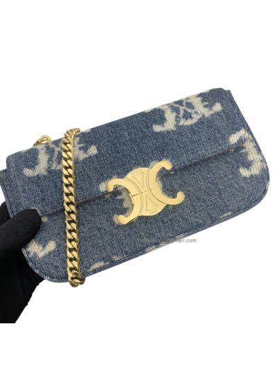 Celine Navy Blue Denim Canvas Triomphe Chain Shoulder Bag 197993 