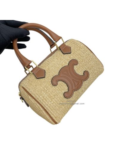Celine Small Boston Cuir Triomphe Raffia Tote Shoulder Bag 113772 