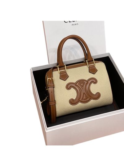 Celine Small Boston Shoulder Crossbody Bag Beige Raffia and Brown Leather 197582