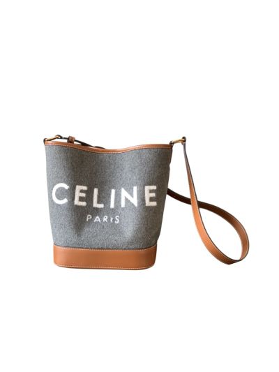 Celine Small Bucket Shoulder Bag Gray Wool and Brown Leather 191132s