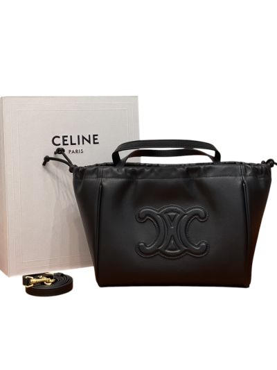 Celine Small Cabas Drawstring Cuir Triomphe Shoulder Crossbody Bag in Black Smooth Calfskin 111013 