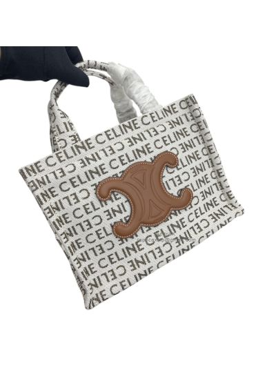 Celine Small Cabas Thais Triomphe Shoulder Crossbody Bag White Allover Celine Logo Textile 199162 