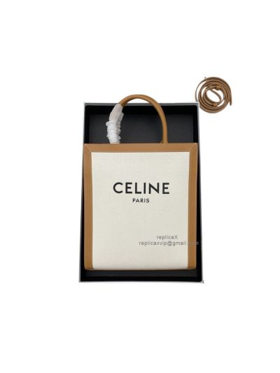 Celine Small Cabas Vertical Tote Bag Beige Textile Canvas and Tan Leather 191542