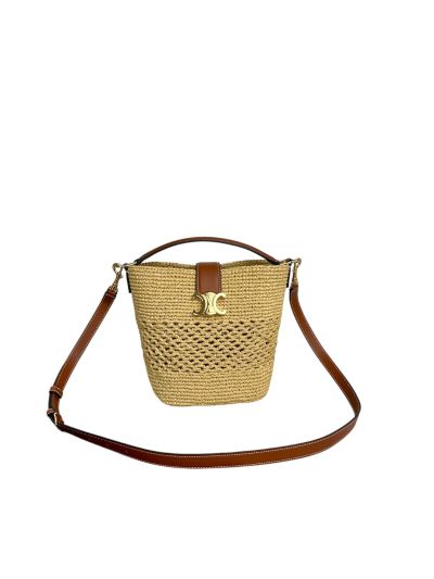 Celine Small Louise Bucket Shoulder Bag Natural Tan Raffia and Calfskin 119742 
