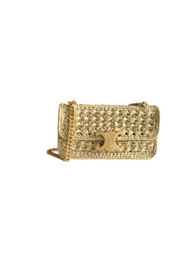 Celine Small Triomphe Chain Shoulder Bag Raffia Natural 197993