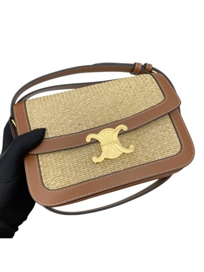 Celine Small Triomphe Shoulder Crossbody Bag Beige Raffia and Brown Calfskin 188423 