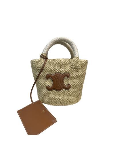 Celine Supple Small Triomphe Classic Panier Raffia and Calfskin Tote Bucket Bag Tan 114352 