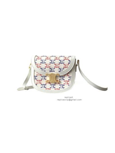 Celine Teen Besace Triomphe Crossbody Shoulder Bag Blue Red Triomphe Canvas and Calfskin 110962 