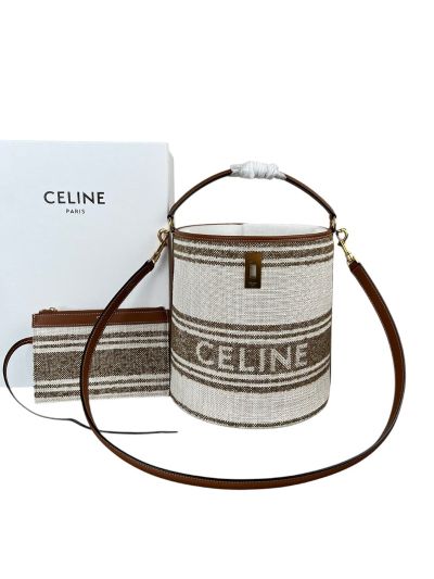 Celine Teen Bucket 16 Canvas Shoulder Bag Brown White 195572 