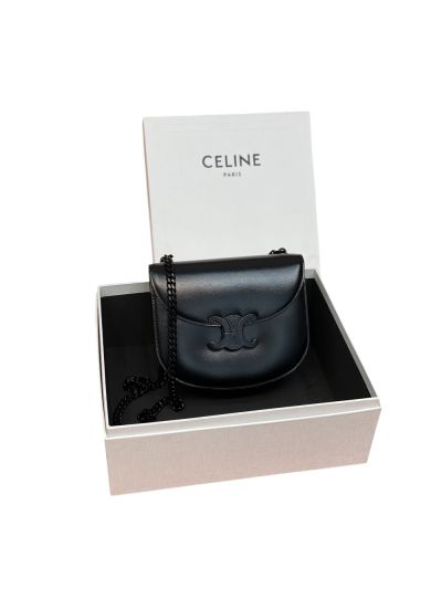 Celine Teen Chain Besace Triomphe Shoulder Crossbody Bag Black Shiny Calfskin 110973 