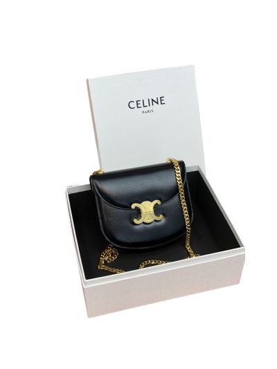 Celine Teen Chain Besace Triomphe Shoulder Bag Black Shiny Calfskin Leather 110973 