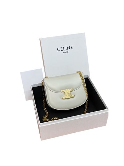 Celine Teen Chain Besace Triomphe Shoulder Bag White Shiny Calfskin Leather 110973 