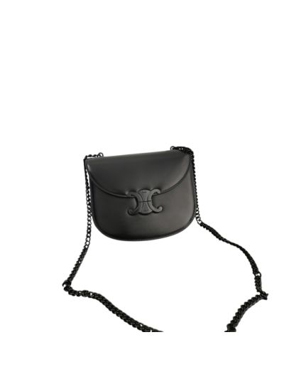 Celine Teen Chain Besace Triomphe Shoulder Crossbody Bag Black Shiny Calfskin Leather 110973 