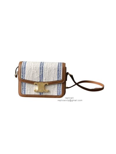 Celine Teen Triomphe Crossbody Shoulder Bag White Blue Striped Textile and Calfskin 188423 
