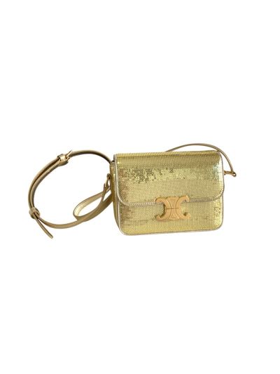 Celine Teen Triomphe Gold Sequins and Calfskin Leather Fla Shoulder Crossbody Bag 188423 