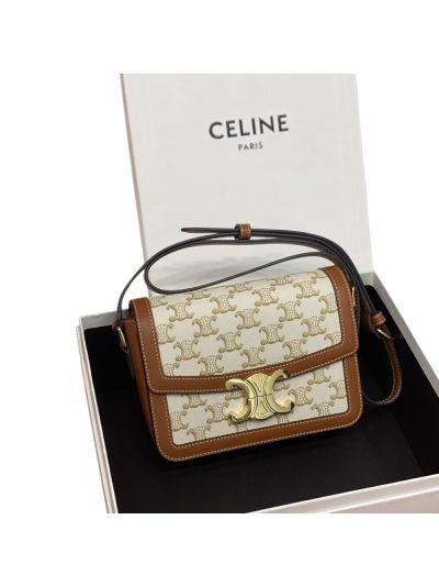 Celine Teen Triomphe Shoulder Crossbody Bag Brown Leather and White Triomphe Canvas 188423 