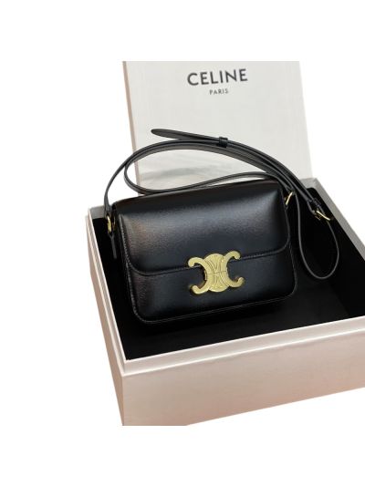 Celine Teen Triomphe Shoulder Crossbody Bag Black Shiny Calfskin 188423 