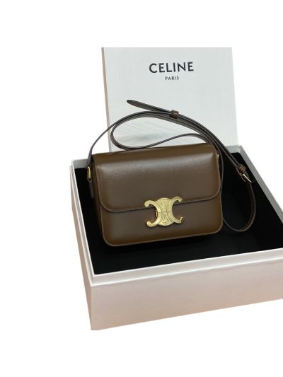 Celine Teen Triomphe Shoulder Crossbody Bag Brown Shiny Calfskin 188423 