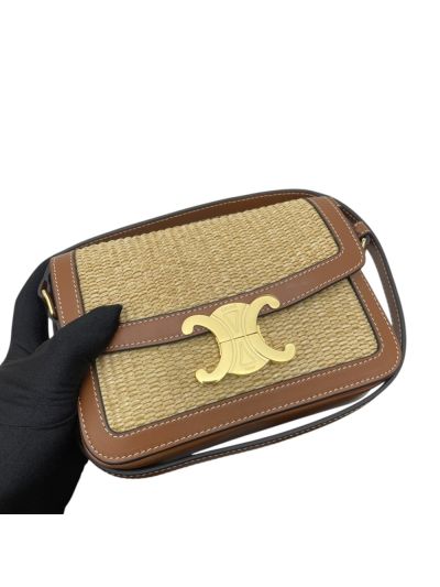 Celine Teen Triomphe Shoulder Crossbody Bag Beige Raffia and Brown Calfskin 188882