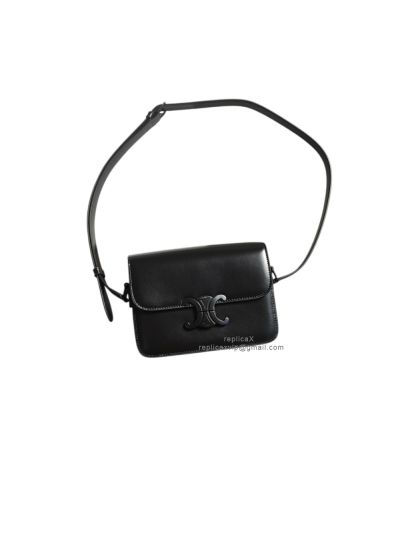 Celine Teen Triomphe So Black Shiny Calfskin Flap Shoulder Bag 188423 