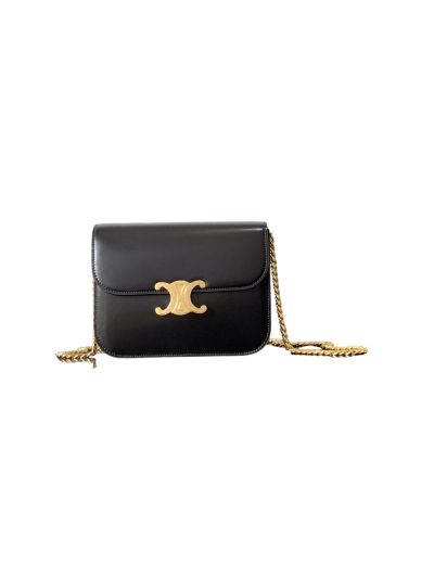 Celine Triomphe College Shoulder Crossbody Bag with Chain Black Shiny Calfskin 113583 