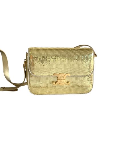 Celine Triomphe Gold Sequins and Calfskin Leather Fla Shoulder Crossbody Bag 188423 