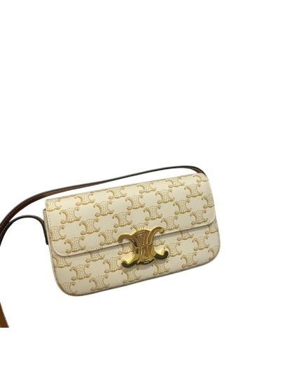 Celine Triomphe White canvas Leather Flap Shoulder Bag 194142 