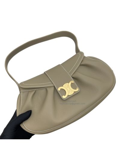 Celine Triomphe Medium Polly Flap Shoulder Bag Light Grey Grained Calfskin Leather 115633 