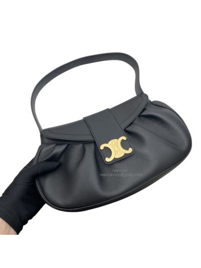 Celine Triomphe Medium Polly Flap Shoulder Bag Black Grained Calfskin Leather 115633 