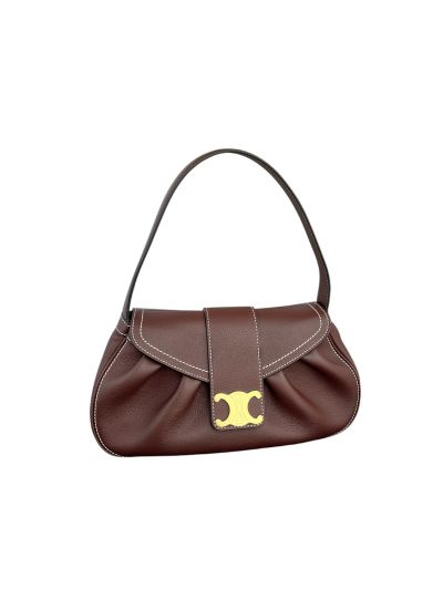 Celine Triomphe Medium Polly Flap Shoulder Burgundy Grained Bag Calfskin Leather 115633 