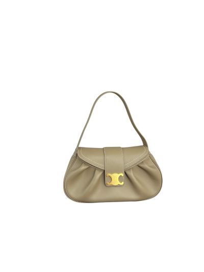 Celine Triomphe Medium Polly Flap Shoulder Beige Grained Bag Calfskin Leather 115633 