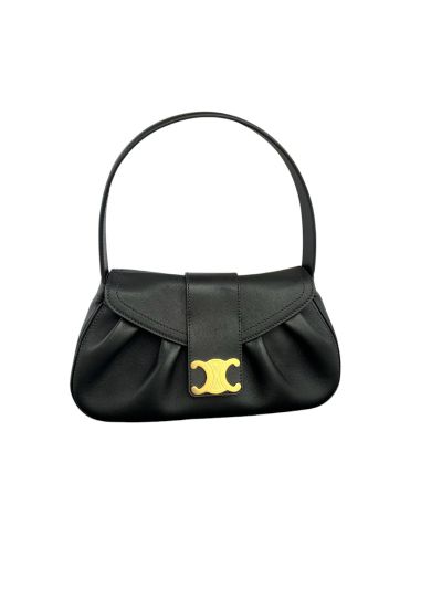 Celine Triomphe Medium Polly Flap Shoulder Black Grained Bag Calfskin Leather 115633 