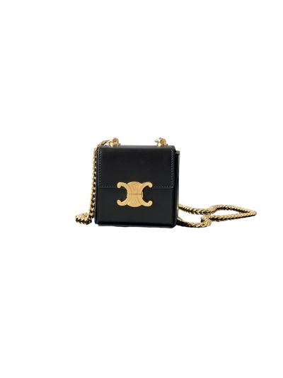 Celine Triomphe Mini Box Shoulder Bag with Chain Black Shiny Calfskin 113253 