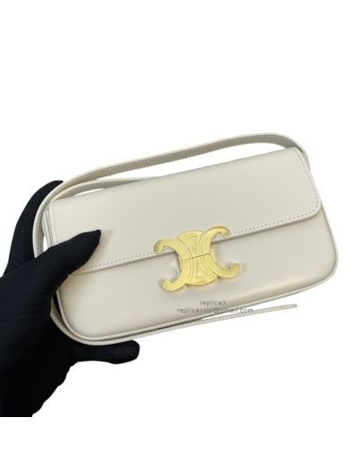 Celine Triomphe Shoulder Flap Bag Latte White Calfskin Leather 194143 